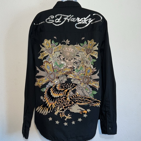 Ed Hardy Christian Audigier Black Button Down Long Sleeve Shirt Size Large - Picture 1 of 16